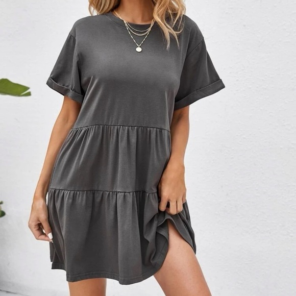 Tiered rolled short sleeve babydoll dress boho black - Picture 3 of 4